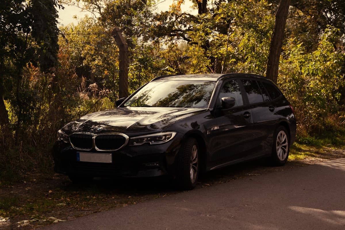 Черен автомобил BMW комби на горски път